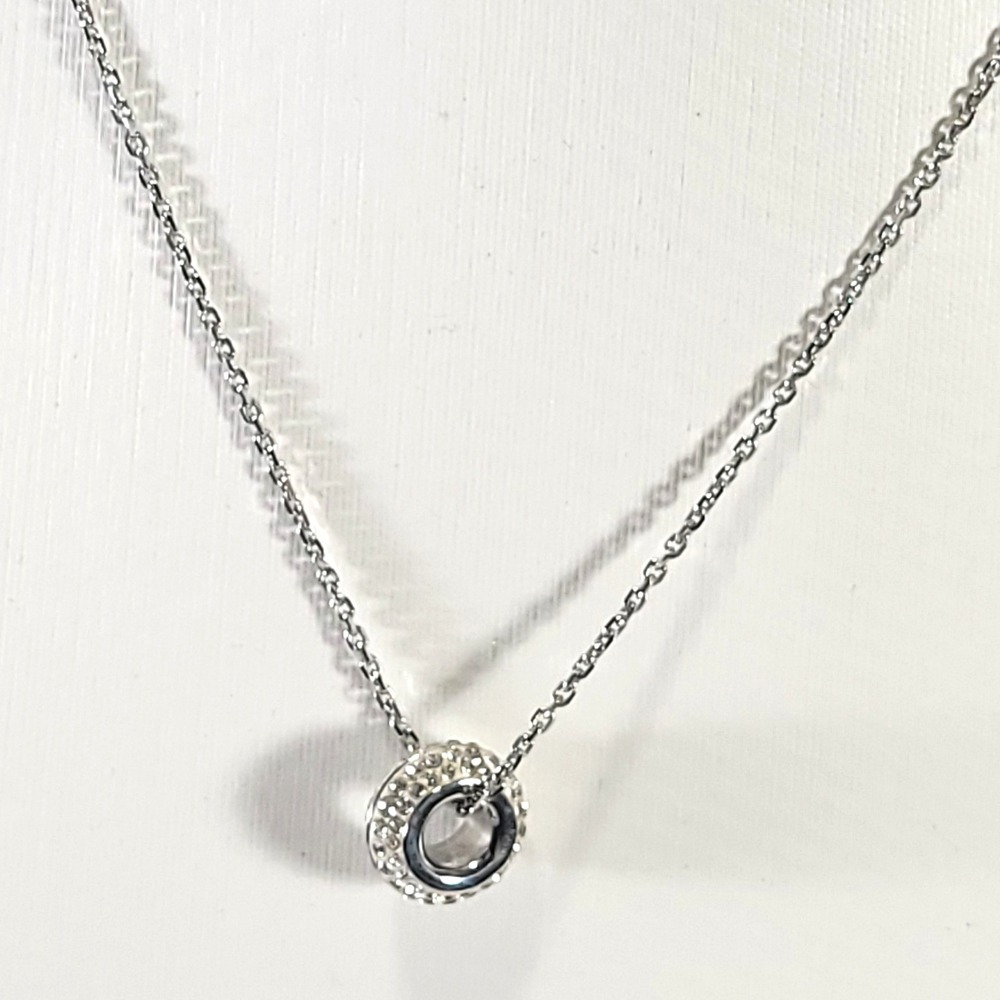 Swarovski Crystal Pendant Necklace Silver Tone Pave Circle Rhodium Plated
